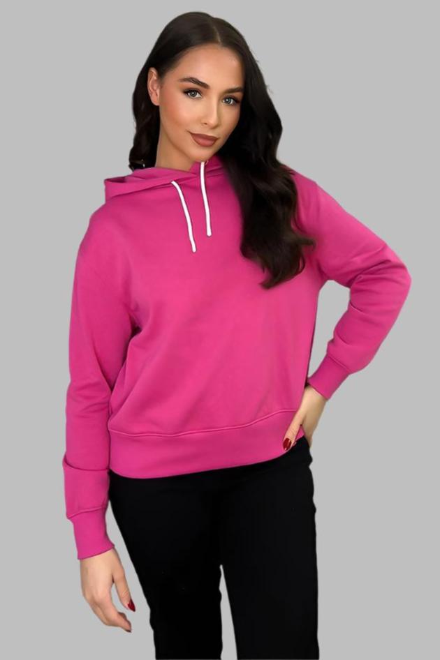 Fuchsia Cotton Blend Hoodie With Contrast String-SinglePrice